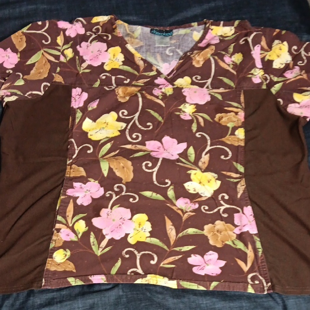Cherokee Pink and Yellow Floral Brown Blouse